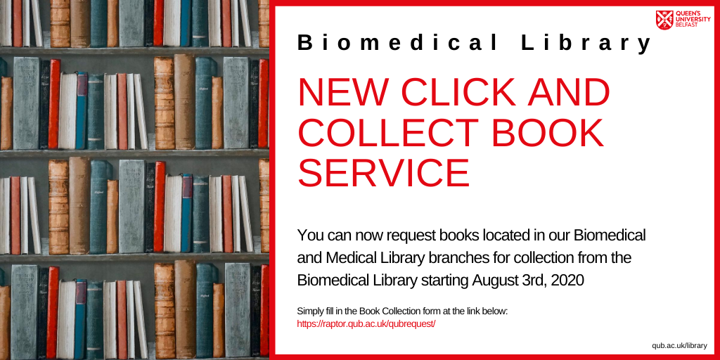 QUBLibrary's tweet photo. Book Collection Service now available at QUB Biomedical Library.  Simply fill in the form at: https://t.co/P2WQnICQDl  to request books from #QUBBiomedicalLibrary or #QUBMedicalLibrary. https://t.co/uPMAlCj4m8
