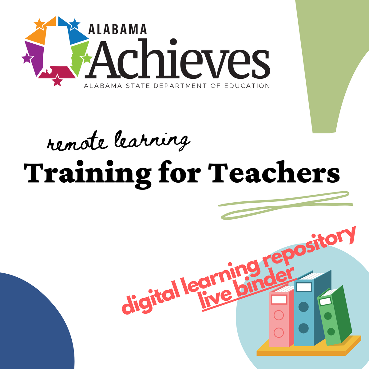 ALSDE staff continues to develop resources to assist and train teachers on remote learning.  The Digital Learning Repository is a Live Binder (ow.ly/dWDz50ARwm0) with guides and videos for teachers, administrators, and parents. 
#AlabamaAchieves #alschoolscontinueteaching