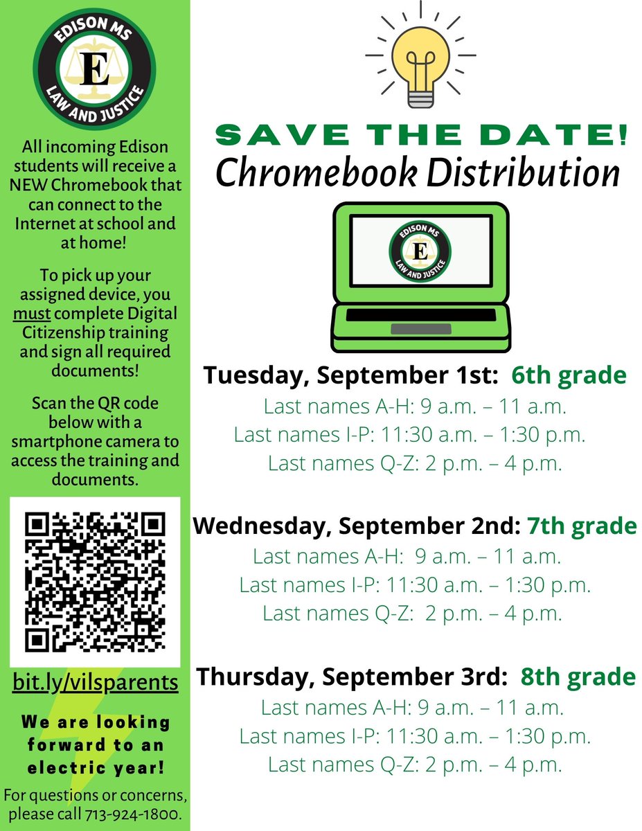 Chromebook distribution will begin September 1st. Use the following link to access the required parent training and documents: bit.ly/vilsparent <a href="/LopezprinciPAL/">Karina Lopez</a> @HISDEastArea @Ponce_East