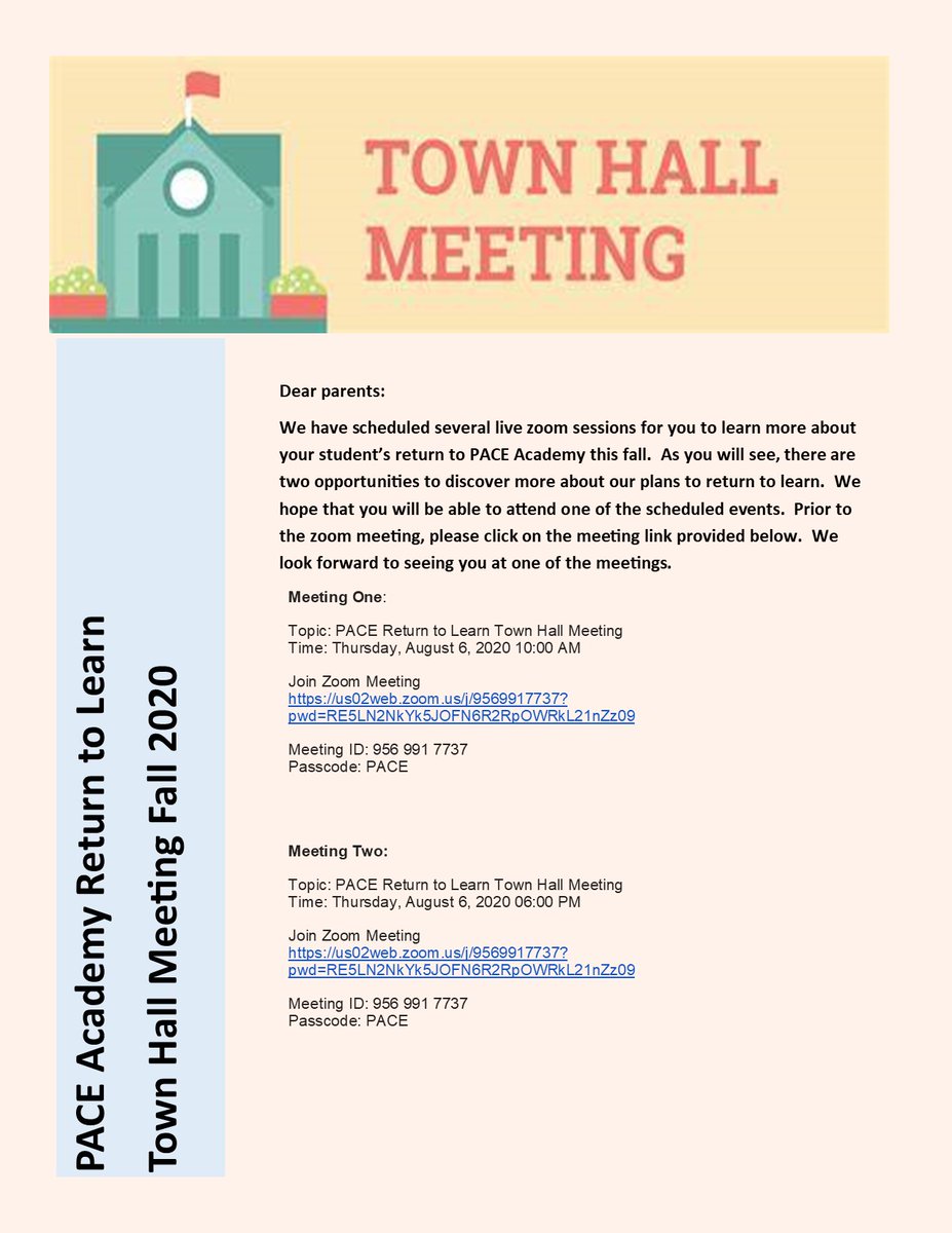PACEK8's tweet photo. PACE Return to Learn Town Hall Meeting 
Meeting 1: Thursday, August 6, 2020, 10:00 AM 
Join Zoom Meeting
https://t.co/iJD28cdHjN
Meeting ID: 956 991 7737
Passcode: PACE
Meeting 2: Thursday, August 6, 2020, 6:00 PM 
https://t.co/iJD28cdHjN
Meeting ID: 956 991 7737
Passcode: PACE https://t.co/59b4CSCA2D