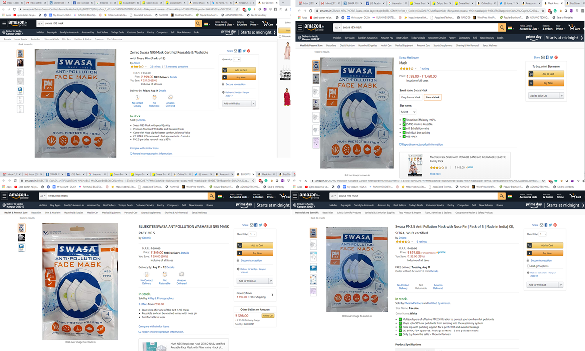 abandopa's tweet photo. Swasa N95 mask was developed by the intellect and hard work of @patilsandip13 founder of @espinnanotech. However, all the masks @amazonIN are being sold by unauthorized dealers while the OEM is not being given the opportunity. This is bad for the startup as well as for the users. https://t.co/m7FsFCAN27