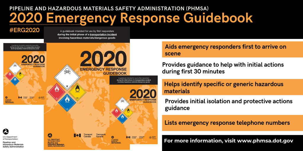 PHMSA_DOT's tweet photo. The 2020 Emergency Response Guidebook (ERG) offers guidance to first responders during the critical first 30 minutes of a hazmat transportation accident. #ERG2020 https://t.co/rnh34587GK