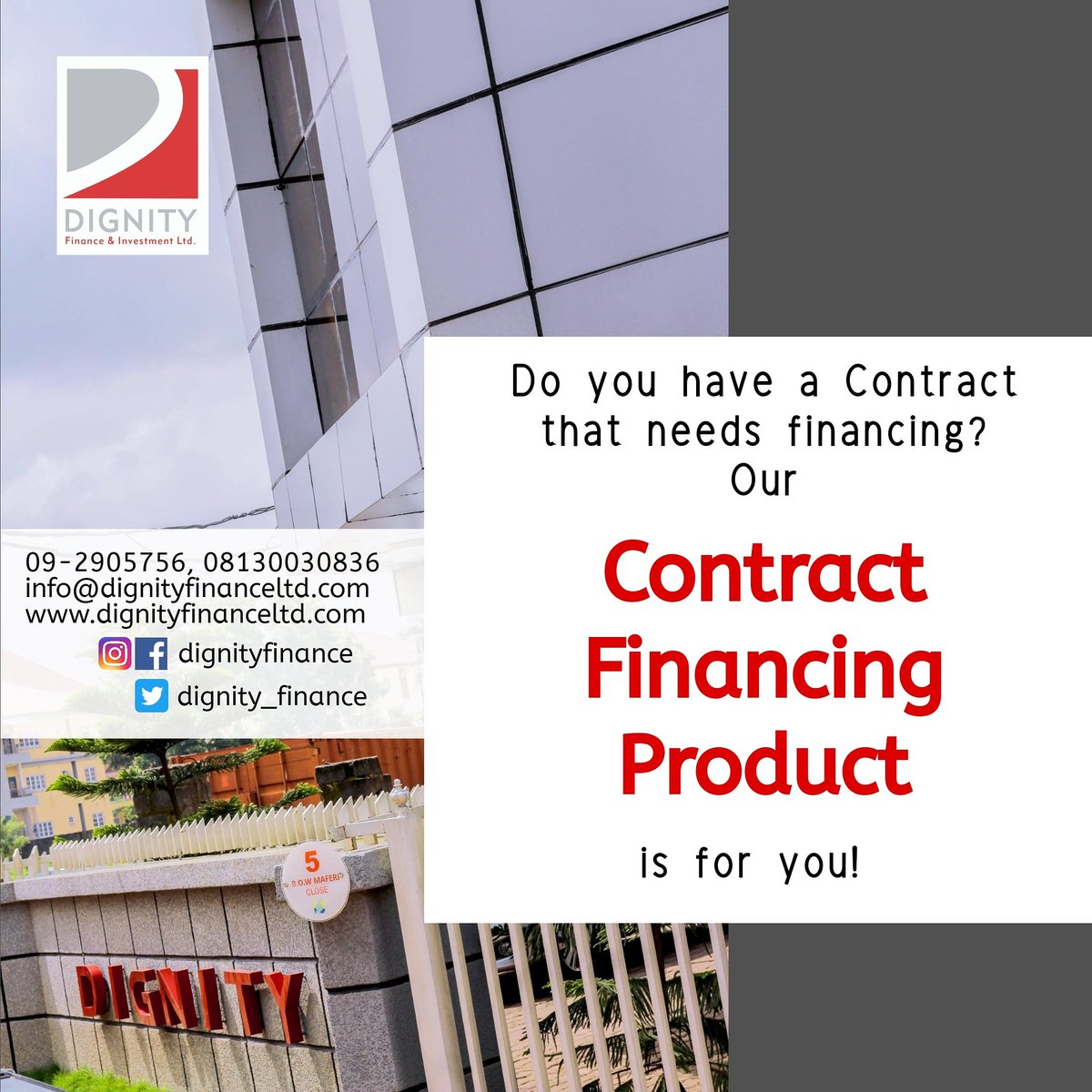 dignity_finance's tweet photo. Talk to us today to access the funds you need for that contract. We are here for you. Stay safe, Dignity cares.
#dignity #finance #dignityfinance #contract #contractfinancing #financing #business #dfil #DFIL https://t.co/9cje1hlxVz