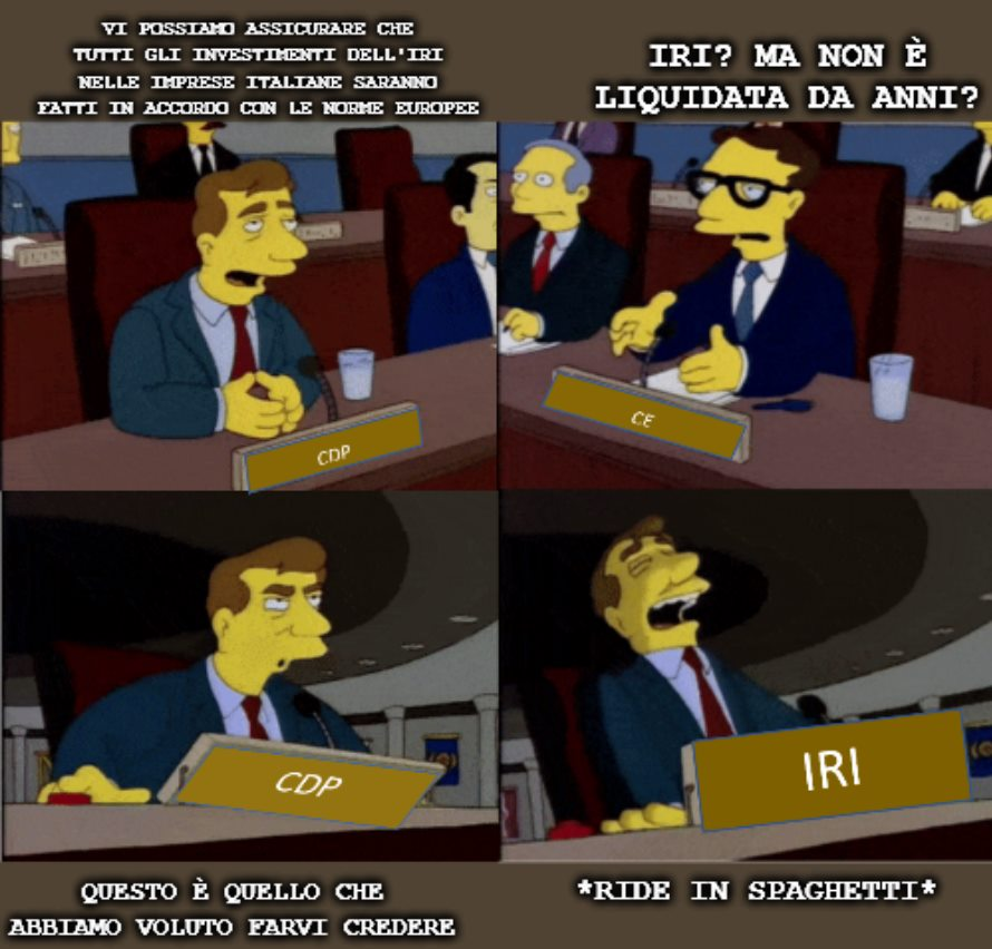 Dopo 10 milioni in Cornelliani lo stato, attraverso #CDP, mette altri 10 milioni in #Sammontana.
Bella sta CDP, anche se mi ricorda qualcosa...
<a href="/CarloStagnaro/">Carlo Stagnaro 🏴󠁧󠁢󠁥󠁮󠁧󠁿🇺🇦</a> <a href="/carloalberto/">C.A. Carnevale-Maffè</a> <a href="/micheleboldrin/">Michele Boldrin</a> <a href="/DeShindig/">Costantino De Blasi</a> <a href="/ricpuglisi/">Riccardo Puglisi</a> <a href="/Phastidio/">Mario Seminerio</a> <a href="/OGiannino/">Oscar Giannino</a> <a href="/Scacciavillani/">Fabio Scacciavillani</a> <a href="/Forchielli/">Alberto Forchielli</a> <a href="/marattin/">Luigi Marattin</a>