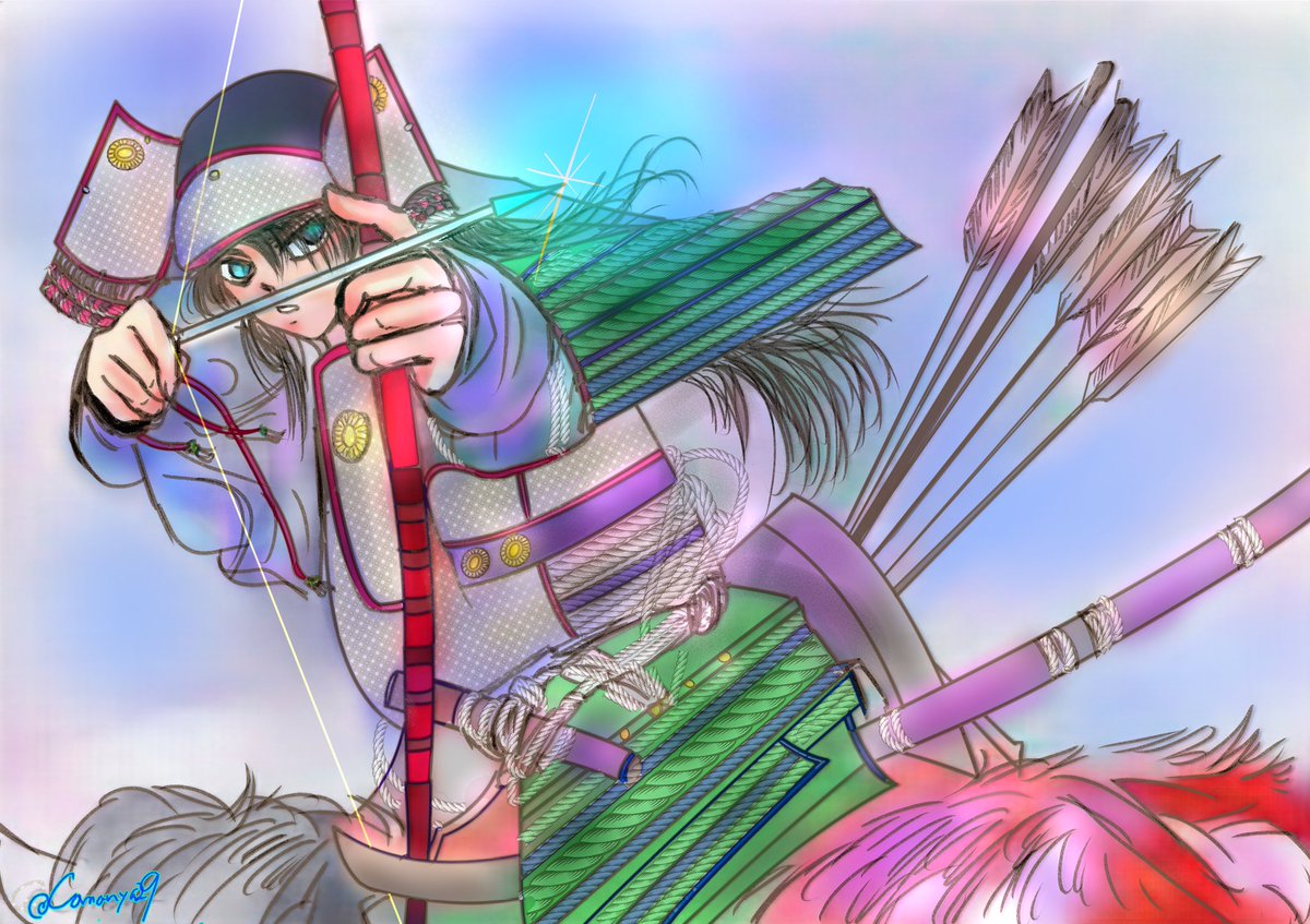 こまにゃ 椎奈 絵を描くとき 画面に弓 が収まりきらないんですよね ちなみにこの絵は 実際に源兵武者の格好をした方が日本の馬に乗って弓をひいた写真を参考にかきました