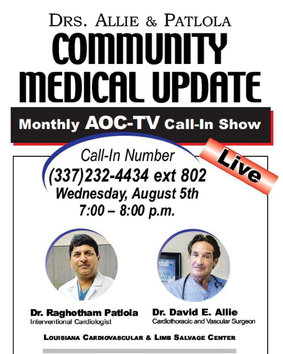 Please welcome our newest community producers - Drs. Allie and Patlola, hosts of Community Medical Update - a monthly call in show covering healthcare topics. 

Join them LIVE tonight (Aug. 5th) at 7PM on AOC 1 - Cox 15/LUS 3 and streaming at aocinc.org/watch #acadiana