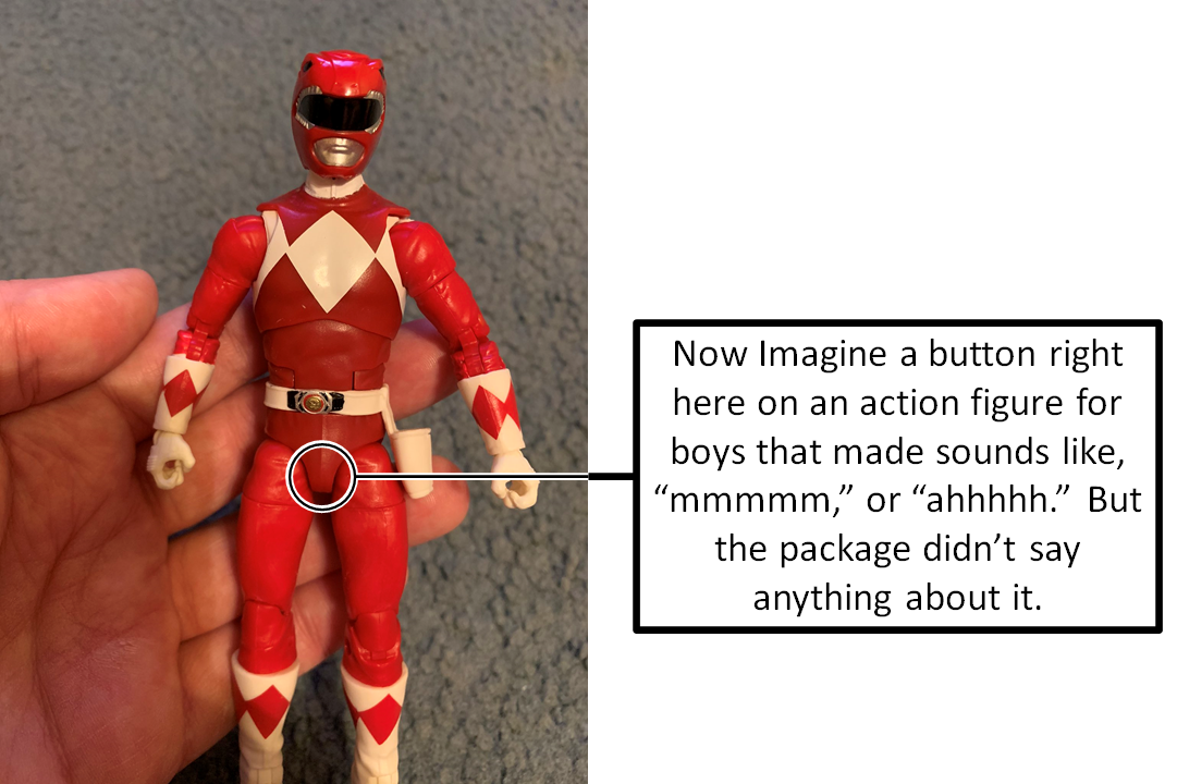 Here is a hypothetical equivalent product for boys.  @Hasbro, why would you put out a doll with a genital button? And why would you also not say anything about it on the packaging? Looks doubly bad.