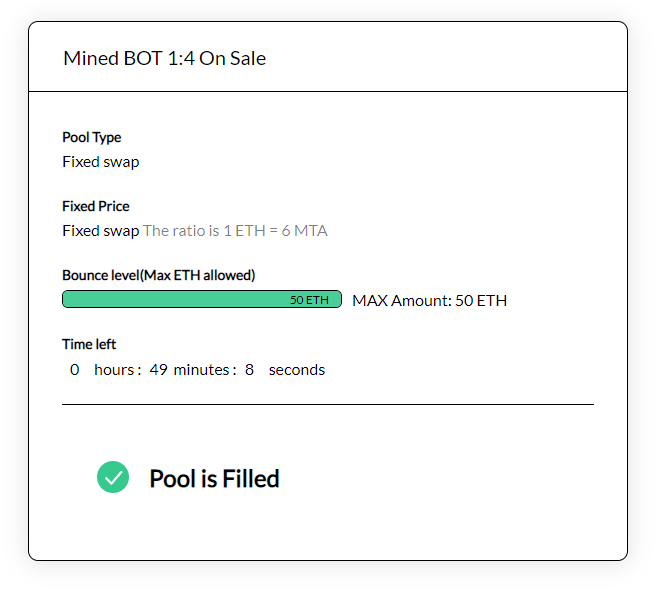 The  @bounce_finance website is easy to use and a novel concept. Unfortunately, some auctions resemble old ebay scams.This title advertises 4  $BOT per ETH (0.166 ETH/BOT), but the details actually show the bidders are getting 6 MTA per ETH (paying $65 for $5 tokens) $BOT