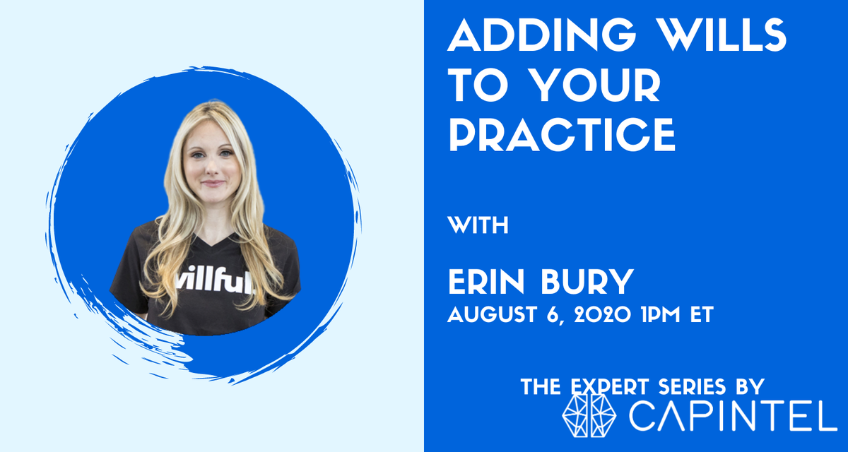 We are hosting a webinar with 
<a href="/erinbury/">Erin Bury</a>, CEO of <a href="/WillfulWills/">Willful</a> tomorrow, August 6, on the importance of wills &amp; why you should introduce them in your practice! Join us! 

RSVP: eventbrite.com/e/capintel-exp…