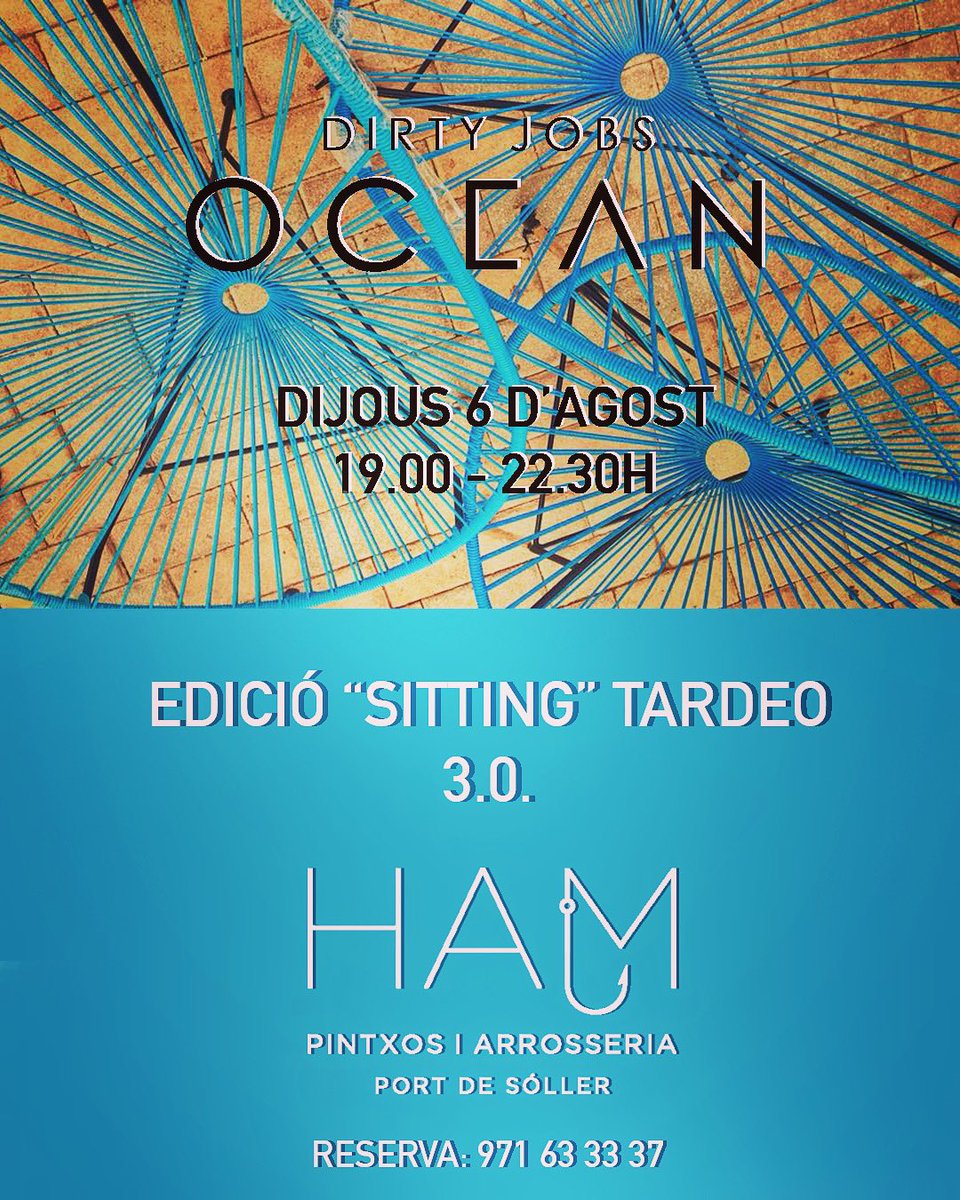 Dirtysoficial's tweet image. .👉Demà tornam a @ham_restaurant amb la tercera edició de OCEAN🌊 “sitting” tardeo🌺🙌! 
.
.👉Aquesta setmana en dijous! T’esperam amb bona música🤘, pintxos🍤🌮 i copes 🍺🍹 a bon preu!! No oblidis reservar la teva taula🌿!
.
.DIRTYJOBS㊗️🙌.
.
.#dirtyjobs #dirtyjobsocean