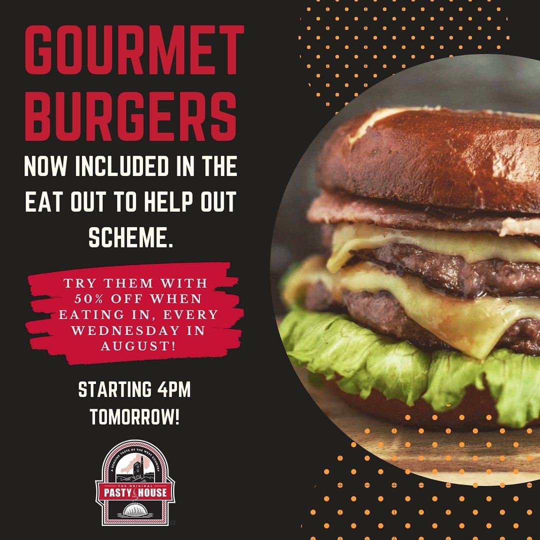 Gourmet Burger Wednesdays 🍔
-
For August only, we’ll be serving our Gourmet Burgers at our Tavistock branch on Wednesdays too, which means you’ll be able to get 50% off when eating in (up to £10 per person).
-
If you haven’t tried them yet, now’s the time!
#pastyhouse