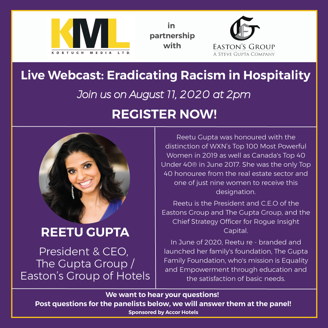 Join our President and CEO, Reetu Gupta in collaboration with our panel of industry leaders as they discuss the eradication of racism in the hospitality industry. Register here: ow.ly/dGqb30r10Fc #EastonsGroup #TheGuptaGroup #RogueInsightCapital #StopRacism #Webinar