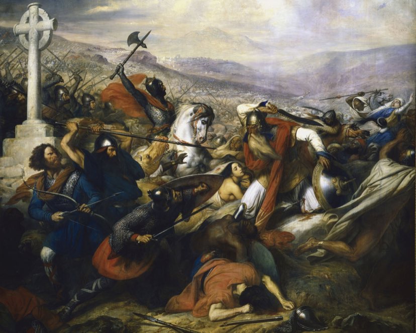 Image de soldat omeyyades portant un caftan pendant la bataille de poitiers{𝘙𝘦𝘧/𝘵𝘢𝘣𝘭𝘦𝘢𝘶 𝘥𝘦 𝘊𝘩𝘢𝘳𝘭𝘦𝘴 𝘥𝘦 𝘚𝘵𝘦𝘶𝘣𝘦𝘯 (1837)}