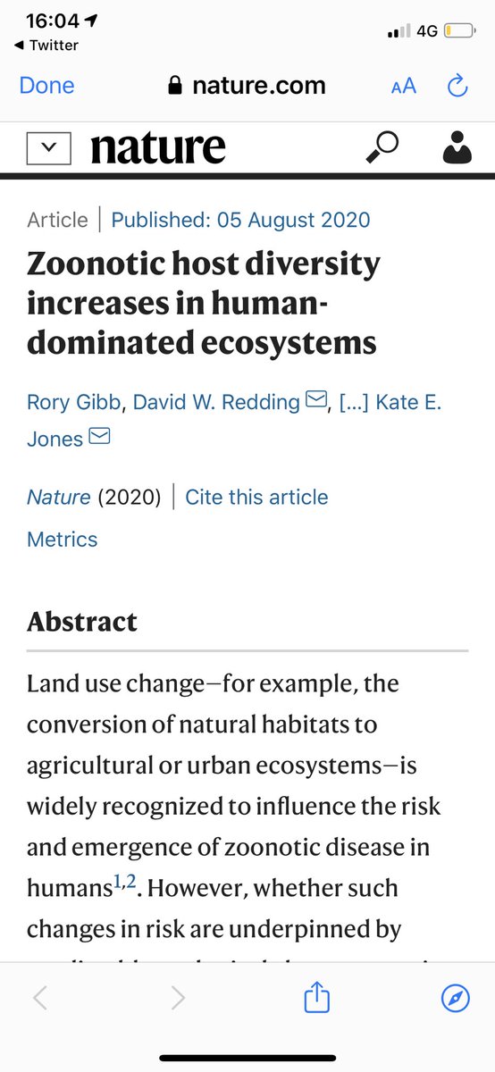Very happy to see our paper out at last with my amazing colleagues <a href="/UCLCBER/">UCL Centre for Biodiversity & Environment Research</a> <a href="/ZSLScience/">ZSL Science</a> <a href="/imperialcollege/">Imperial College London</a> - we provide a clear link between the way we degrade our landscape and the hazard from future disease spillovers from animals nature.com/articles/s4158…