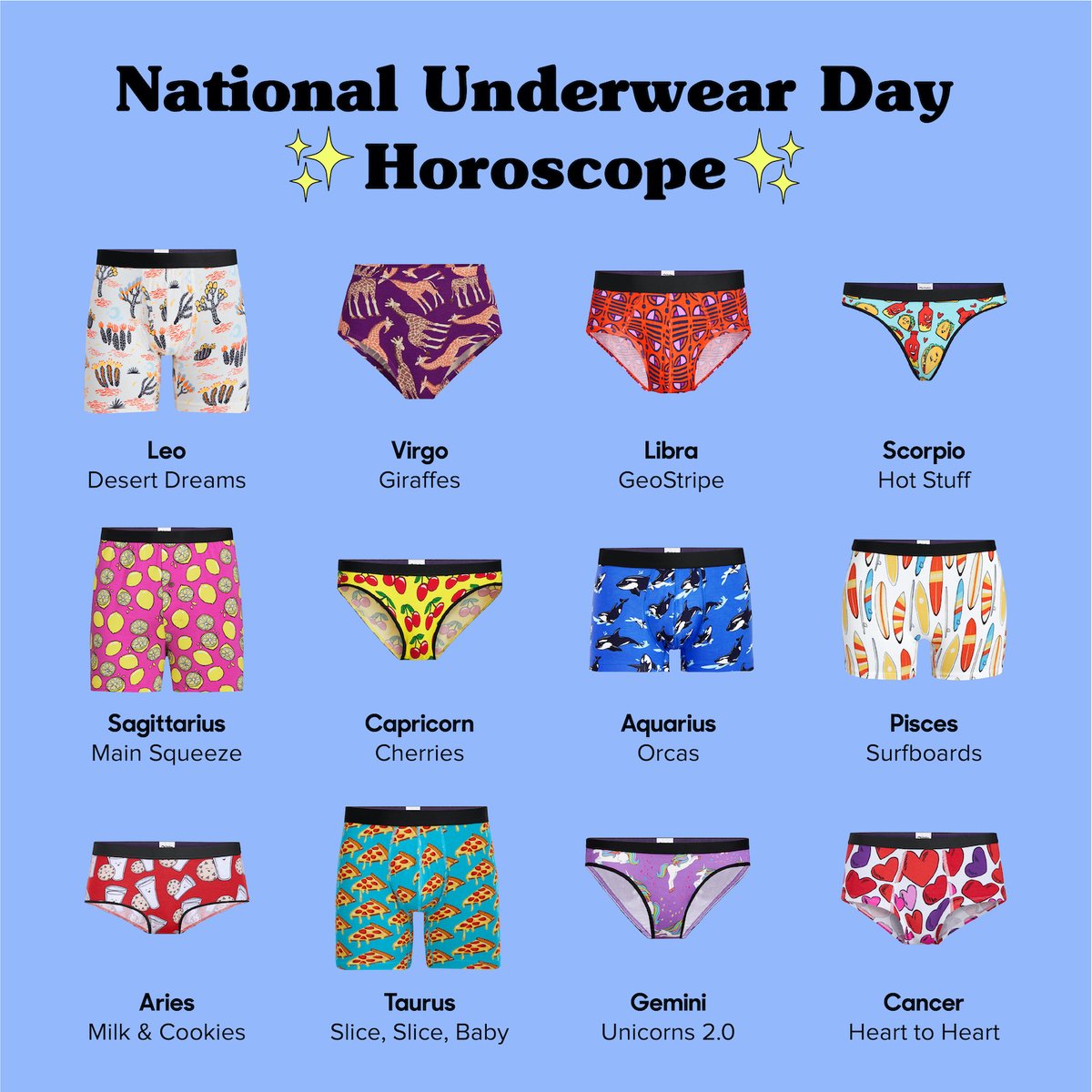 MeUndies on X: Happy National Underwear Day, fam. Drop your sign in the  comments 💜  / X