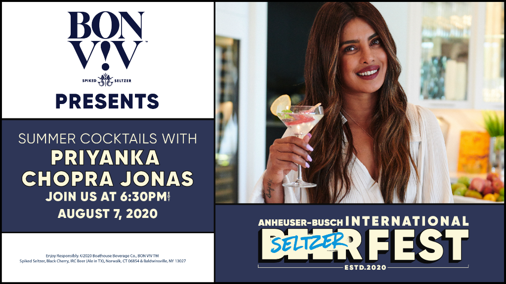 Need a little drinkspiration? Join @priyankachopra at the Anheuser-Busch #InternationalBeerFest as she creates her signature Make Me Blush cocktail. The deets: Tune in @ 6:30pm EDT on 8/7. Order seltzer for the show at bonvivspikedseltzer.com/delivery #SippingWithTheBest