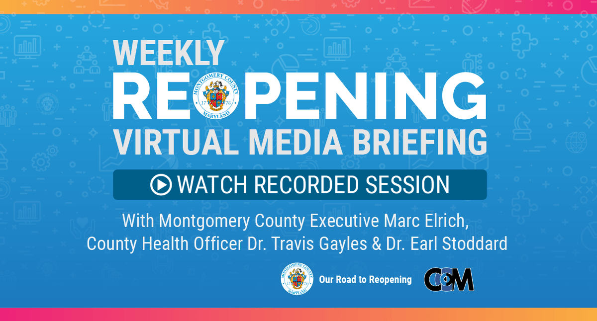 MontgomeryCoMD's tweet photo. County Executive @Marc_Elrich, @MoCoDHHS Officer Dr. Travis Gayles and @ReadyMontgomery Director Dr. Earl Stoddard held a virtual media briefing today to provide #COVID19 and reopening updates. Watch the briefing here: https://t.co/ef8TZ4BqZe. https://t.co/XxupGhEC1u