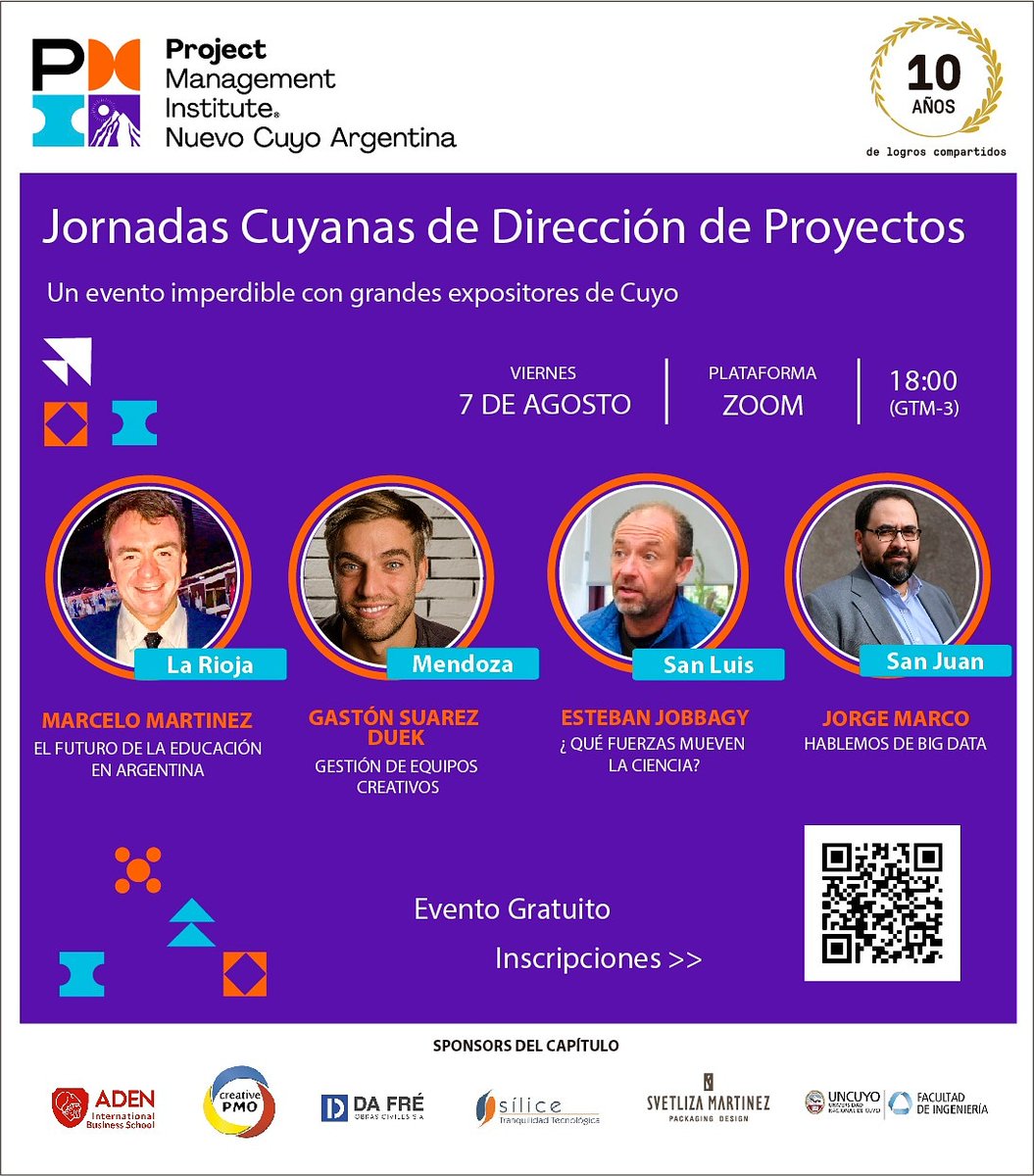 Quedan solo 2 días para las *Jornadas Cuyanas de Dirección de Proyectos* 

Viernes 7/08, 18 h ARG.

💯Evento gratuito.

 ✅Inscribite: jjcc2020.eventbrite.com.ar

#SucedenCosasBuenas #UnaDecadaDePMIenCuyo #EmpoweringThePeople