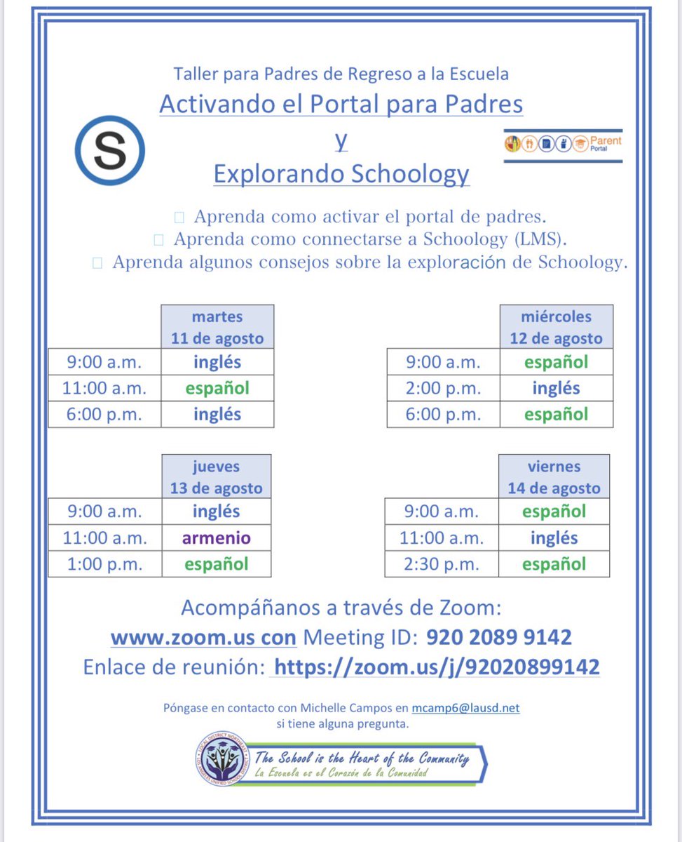 Parents please join us for a workshop on activating your parent portal account and exploring Schoology. See below for dates and times. <a href="/Kelly4LASchools/">Kelly Gonez, LAUSD</a> <a href="/ScottAtLAUSD/">Scott M. Schmerelson</a>