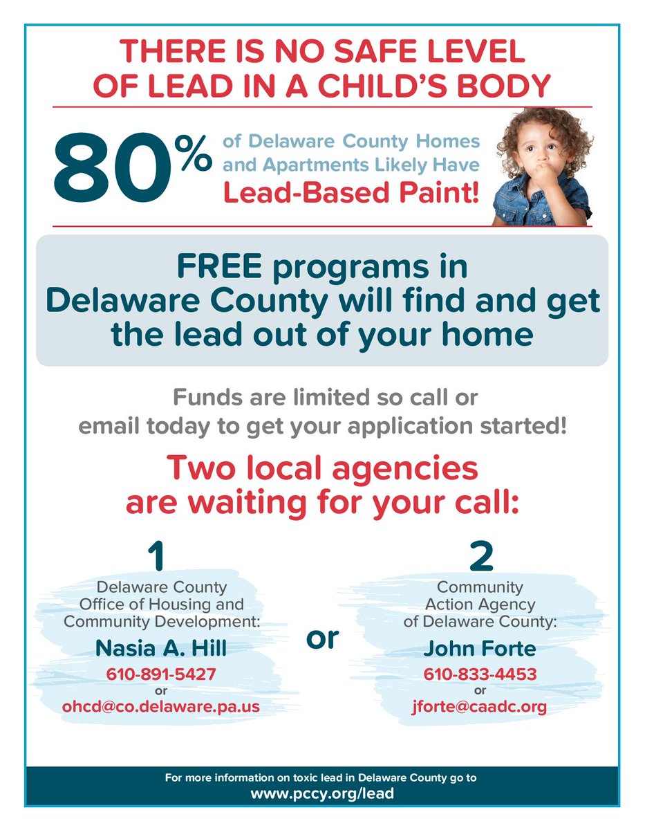 Kids1stHealth's tweet photo. Children in Delaware County are lead poisoned at almost twice the rate as children in Flint Michigan at the height of the lead crisis! Delaware County has 2 FREE programs for low-income families that test homes for lead & get the lead out if found. #GetTheLeadOutDelco @PCCYteam https://t.co/FTa2VBe9gN