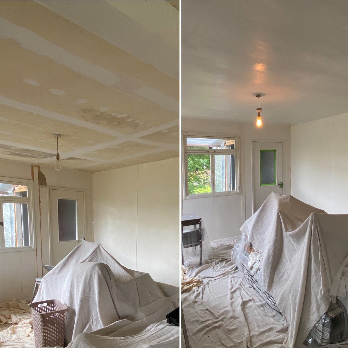 ThomsonDecorat1's tweet photo. Picture on the left is how the ceiling was left about 5mm thick filler! Sanded down 2 coats of @Smith_Rodger blockade, tapes re filled with @toupretuk decorators skimcoat 2 coats and 2 coats of Armstead white emulsion. #stilldrying #restoration https://t.co/1OZK0ggdl0