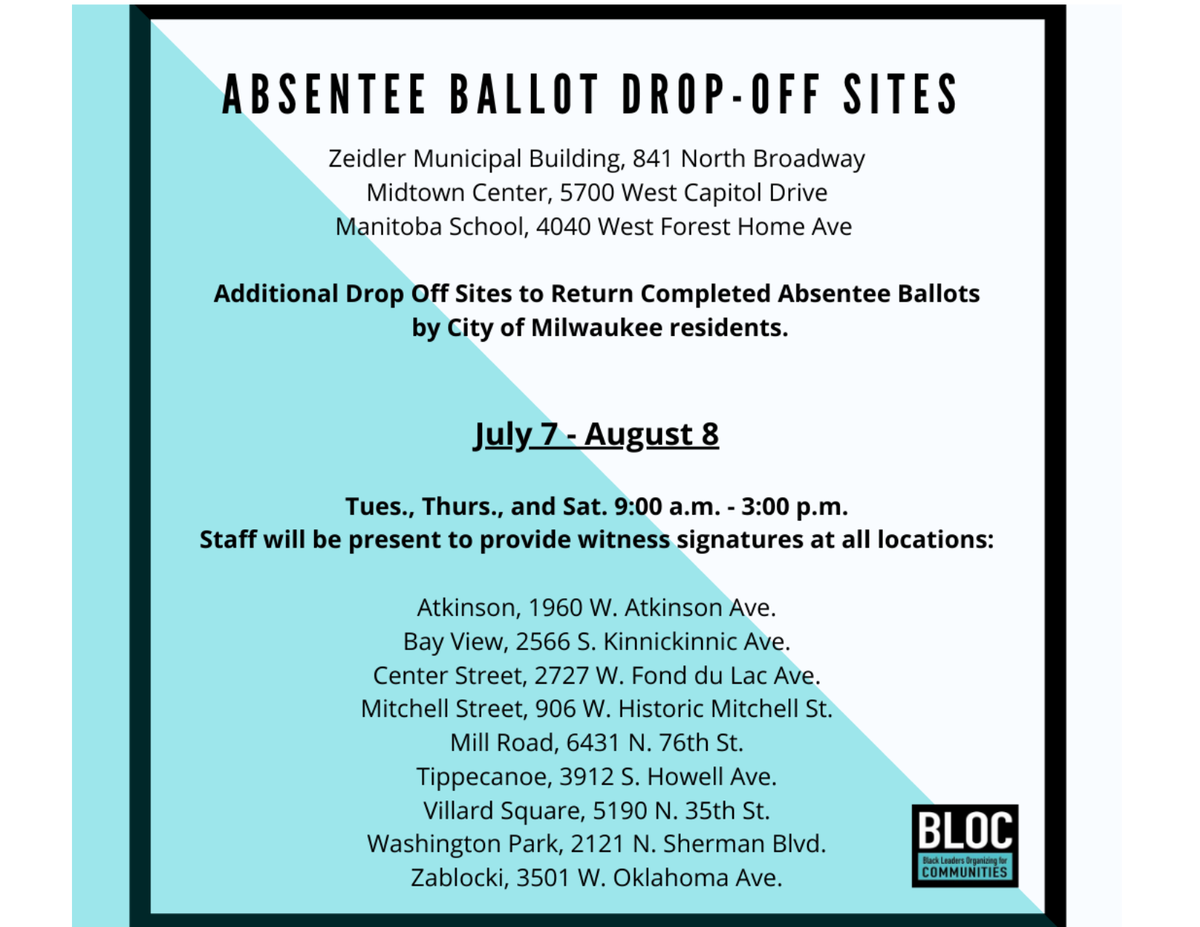 blocbyblocMKE's tweet photo. While having to deal with voter suppression, we still have a chance to be vocal about our communities and how we live in them. Please return your ballots now! Your ballot must be received by your municipal clerk no later than 8 p.m on Aug. 11, 2020 #BeatTheDeadline #BallotDropOff https://t.co/QTduRlHbb1