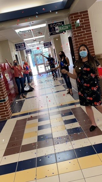 Mrs_Woolson's tweet photo. Social distancing and celebrating with confetti our first day back @Deretchin #5thgrade #missedmyteam https://t.co/nVPJLhzwco