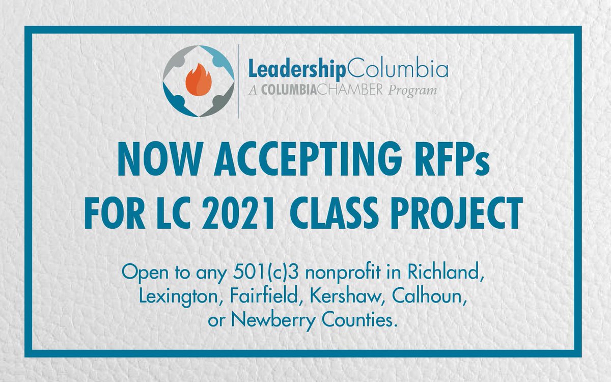 Leadership_Cola's tweet photo. 📣 Now accepting RFPs for LC 2021 class project! 📣
501(c)3 nonprofits in Richland, Lexington, Fairfield, Kershaw, Calhoun, and Newberry Counties are eligible to apply. 

Deadline to apply is August 24, 2020.

Apply Now >>>  https://t.co/PO5kXmpRI3

#LC21 https://t.co/gv2q7xW5qr
