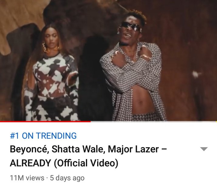 HighSpririt's tweet photo. BOYONCÈ ft SHATTA WALE and Major Laser 

 #AlreadyMusicVideo is over 11M views on YouTube now and still trending #1

We can push harder than this! 

     #AlreadyVideo 
https://t.co/LZNhKx0G85

#BlackIsKing
#KingAlready 
#AlreadyStreamingParty
#AlreadyChallenge https://t.co/cEeZEEGmHW