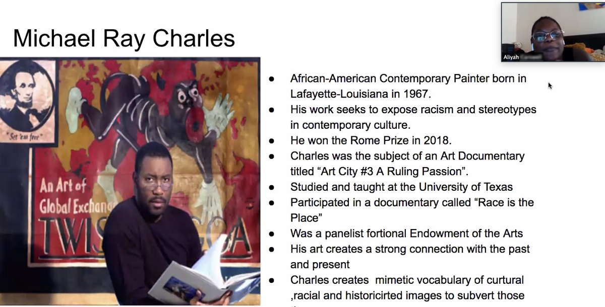globalkids's tweet photo. GK summer program Media Movement is in full swing. For this project, youth researched Black creators and presented to each other on their lives and work in order to amplify Black voices and raise awareness of Black artists in contemporary society. #MichaelRayCharles #JoshuaMays https://t.co/kiLc8Pwu1E