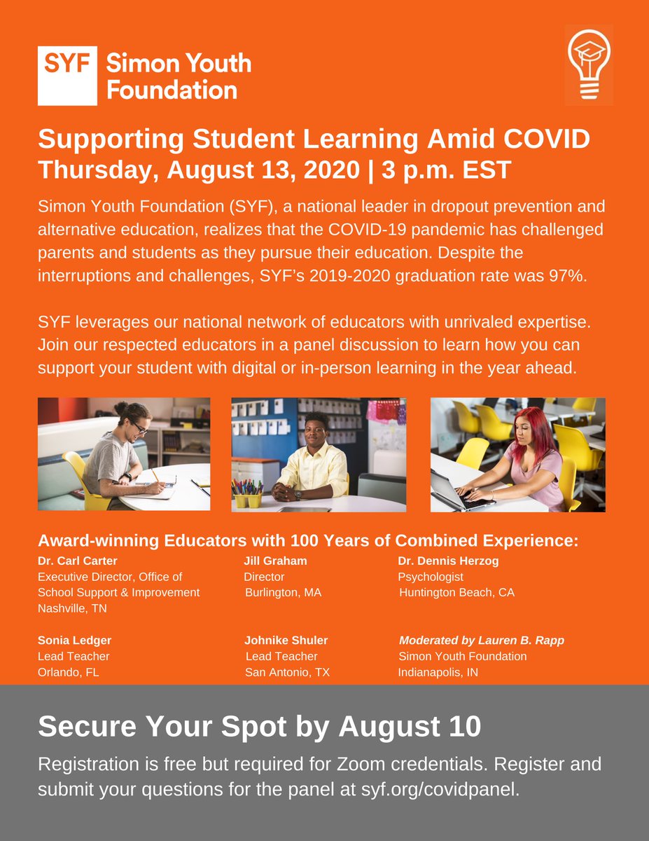 SYF_CEO's tweet photo. Feeling unsure of how to support your student in the upcoming school year? Join SYF respected educators for a virtual panel on Thursday, August 13 at 3 p.m. ET. Registration is FREE
https://t.co/4Ccy6UfpkM
#SYFmeansGraduation
#NoMatterWhat
#NowMoreThanEver https://t.co/tkGUFJHVFc