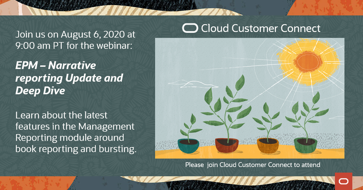 toby_hatch's tweet photo. Please join us August 6, 2020 to get an update on @Oracle Narrative Reporting. Learn about the latest features in the Management Reporting module on book reporting and bursting. Register here https://t.co/mfQfmTIc1B #narrativereporting @OracleERPCloud https://t.co/jHXkwcUisU https://t.co/pPKlYik5nk