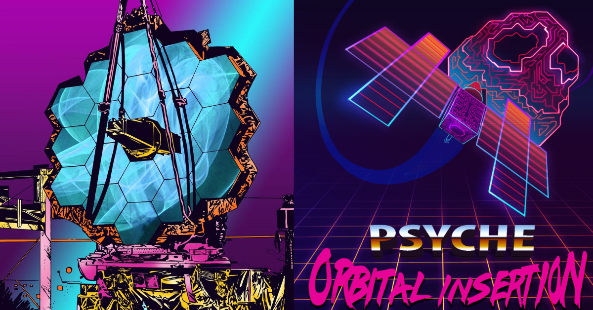 Left: #JWSTArt digital print by Jessica McGowan. This piece shows two technicians in front of the Webb telescope, all in vivid neon color. Right: Psyche Inspired digital drawing titled “Hypercolor Psyche,” created by Chris Vasquez. This piece depicts the Psyche spacecraft in bright colors, on a vaporwave style background.