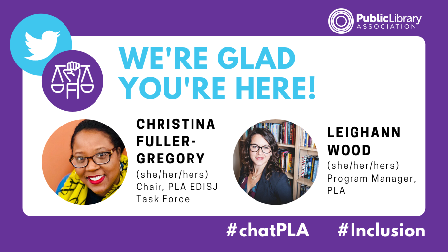 ALA_PLA's tweet photo. 👋🏿 👋🏽 We're glad you're here for our 2nd #chatPLA to talk about Creating Inclusive Communities. Let's listen, learn, and share with each other as we continue to #DoTheWork. #Inclusion ✊🏿 https://t.co/IakcqQbg5U