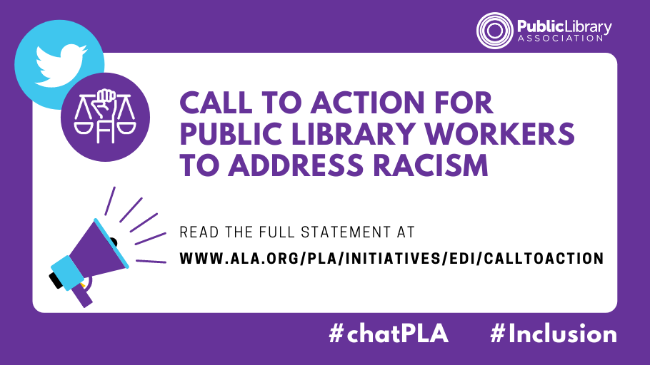 ALA_PLA's tweet photo. Read our 📢 #CallToAction for public #LibraryWorkers to commit to structural change and to taking action to end systemic racism and injustice. ✊🏾 #chatPLA #Inclusion #PublicLibraries https://t.co/EB872s91Yh