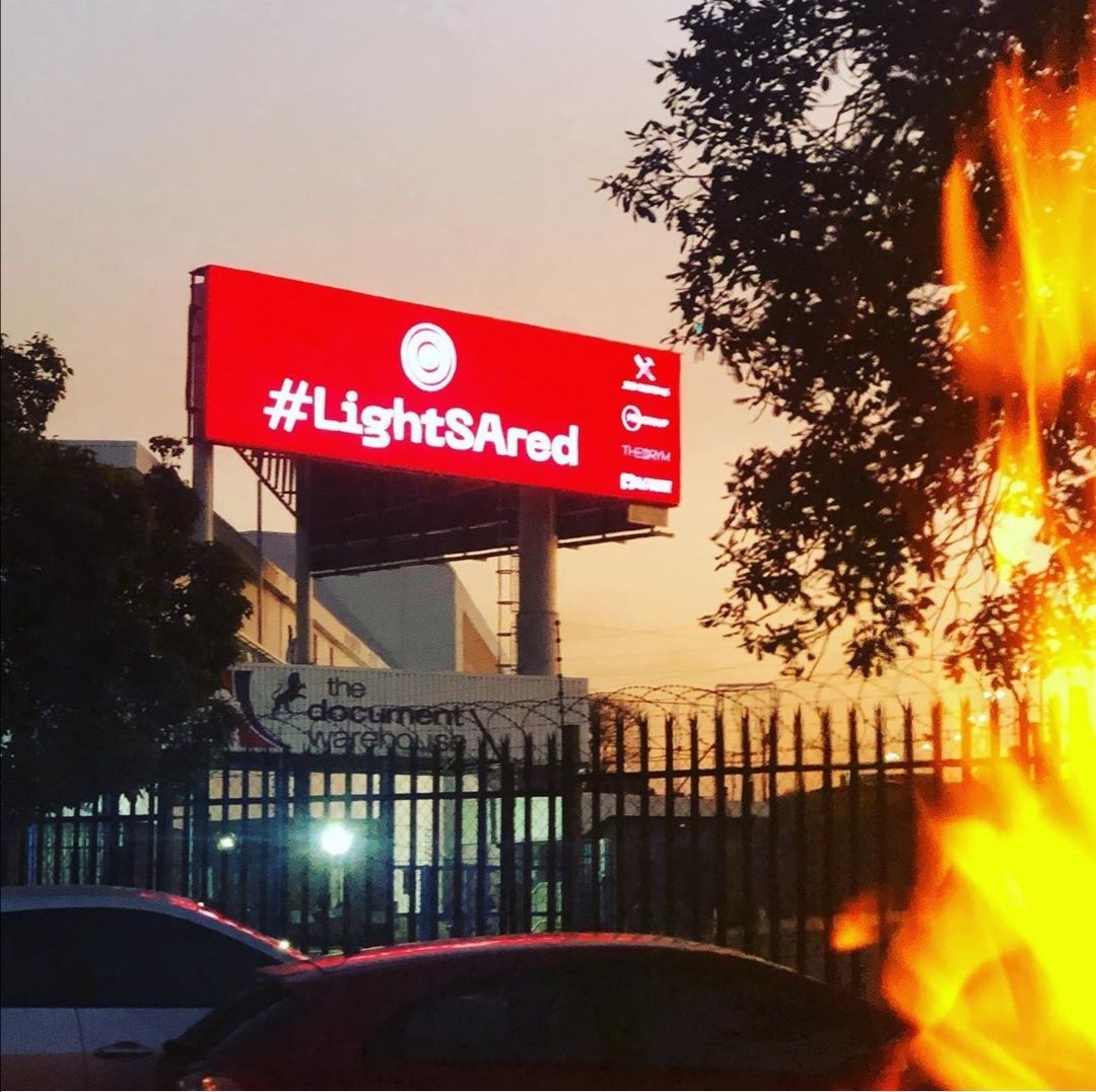 Progroup_M's tweet photo. Super chuffed we were able to bring even more awareness to the plight of the event industry. Thank you to Outdoor Network to help us illuminate the cause. @jozi_customs  @theorym_za

#lightsared #progroup #exhibitions #events #conferences https://t.co/EuiCRIdKp8
