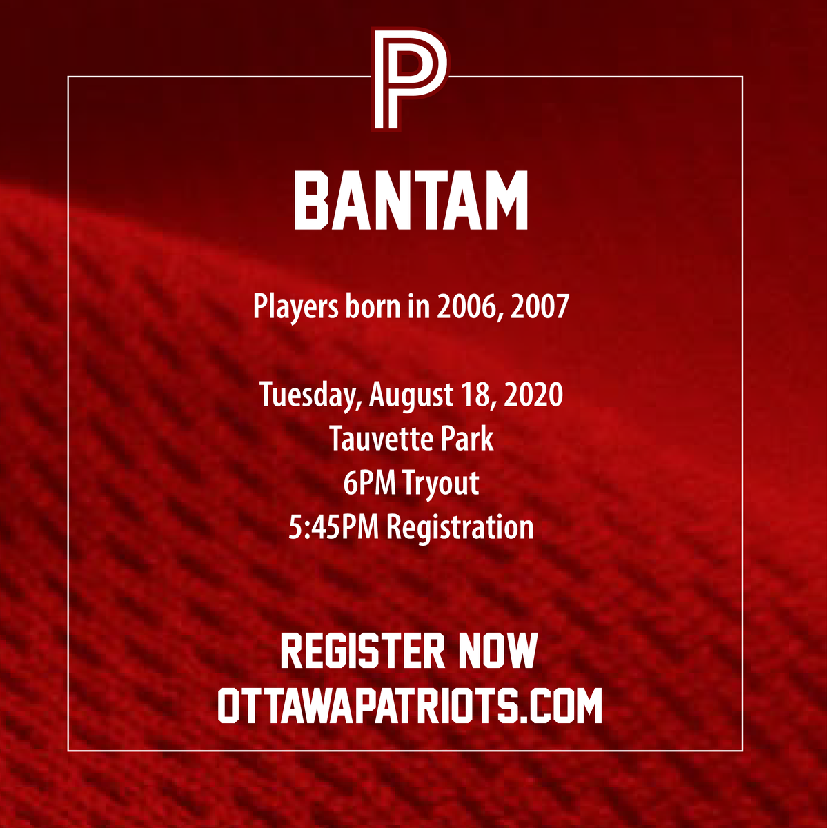 Looking to play competitive baseball and develop your skills?  The <a href="/OttawaPatriots/">Ottawa Patriots</a> are holding tryouts for the 2021 Midgets/18U-16U on August 13 at McCarthy Park and for Bantams/14U on August 18 at Tauvette.  Spots are available!  Register at ottawapatriots.com.