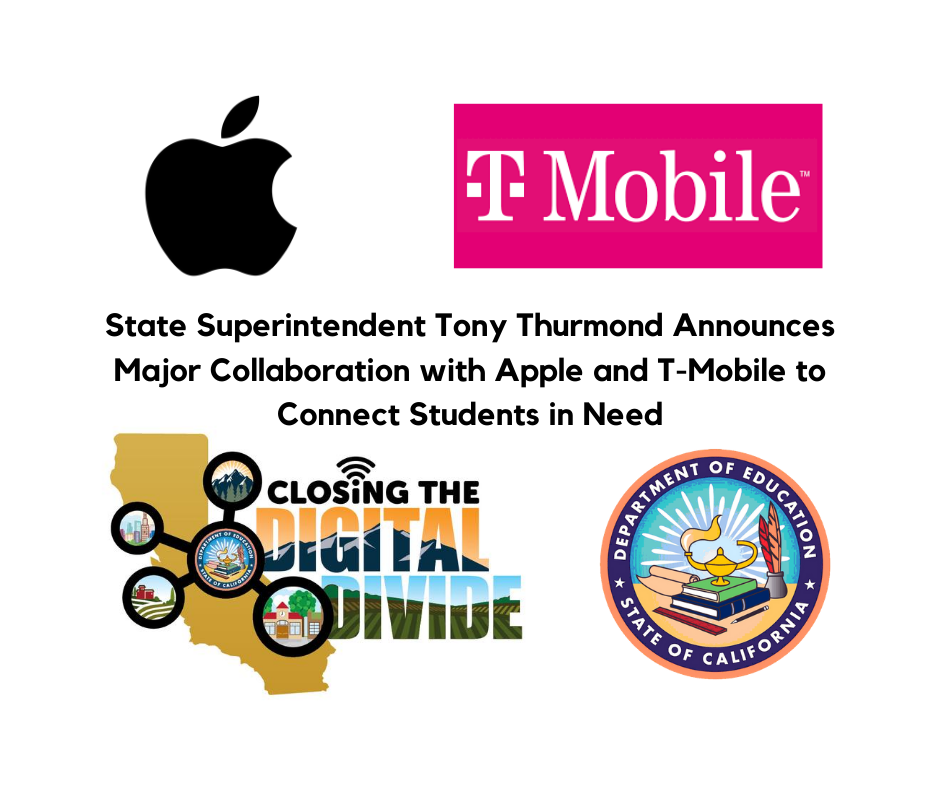 State Superintendent <a href="/TonyThurmond/">Tony Thurmond</a> announced that CDE is collaborating closely with <a href="/Apple/">Apple</a> and <a href="/TMobile/">T-Mobile</a> to connect up to 1 million students in need as most schools across CA expect to begin the next school year in distance learning.

Read more: cde.ca.gov/nr/ne/yr20/yr2… [1/3]