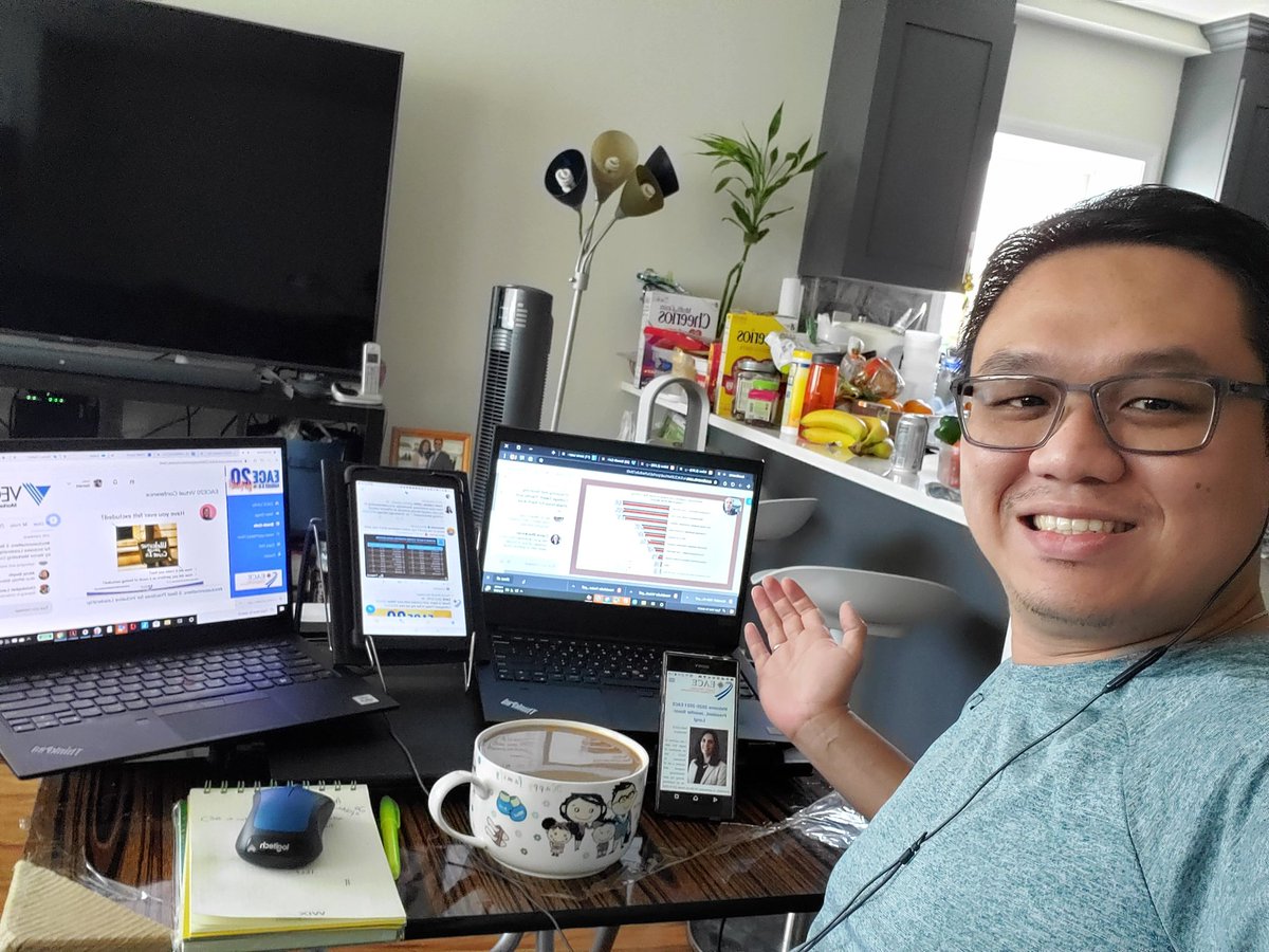 geraldtang's tweet photo. I think I am ready for the #EACE20 conference #EACEatHome 
#StillNotEnoughTechnologyCapabilities #ThankYouforStrongWiFi #FOMO #Multitasking #NotEnoughCoffee https://t.co/aKp2ja7M8B