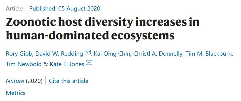 Our paper showing global and general effects of land use on zoonotic host communities is out today in  @nature! There’s quite a lot in the paper, so I thought I’d do an explainer of the findings. 1/  https://www.nature.com/articles/s41586-020-2562-8