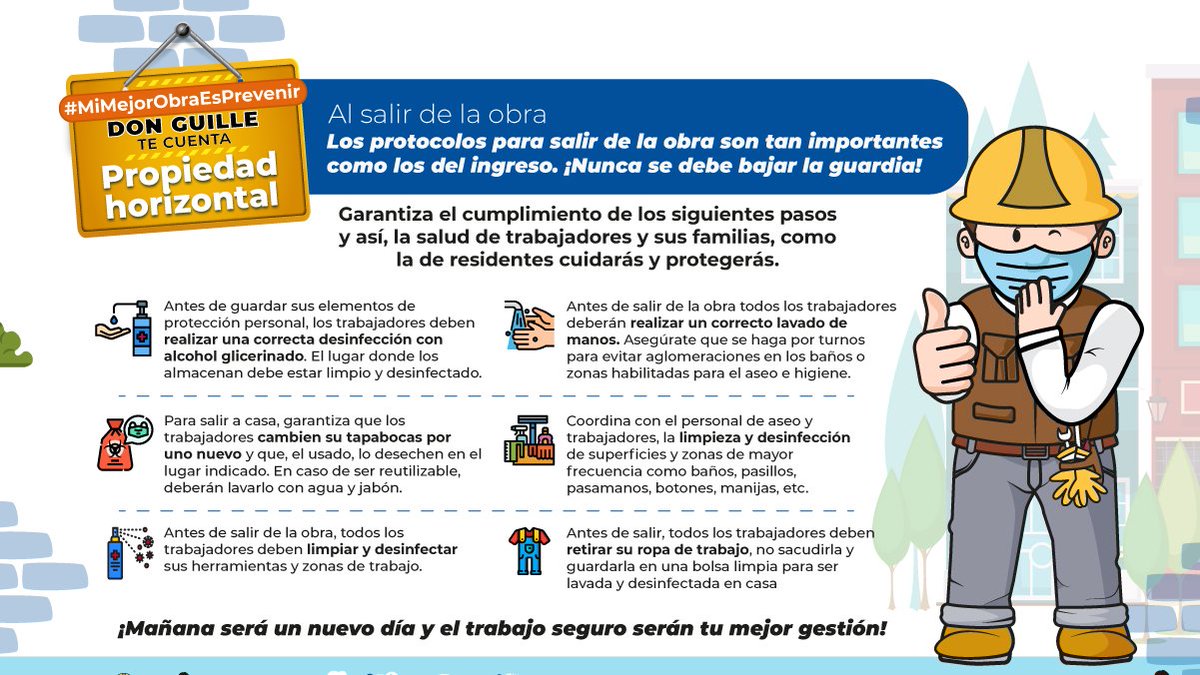 MPrevenir's tweet photo. Garantizar el cumplimiento de los protocolos de bioseguridad cuando los trabajadores van a salir de la obra, te ayudará a proteger la salud de residentes y colaboradores de la copropiedad. #DonGuille te invita a realizar el control de los siguientes pasos. #MiMejorObraEsPrevenir https://t.co/DoOygqDyOw