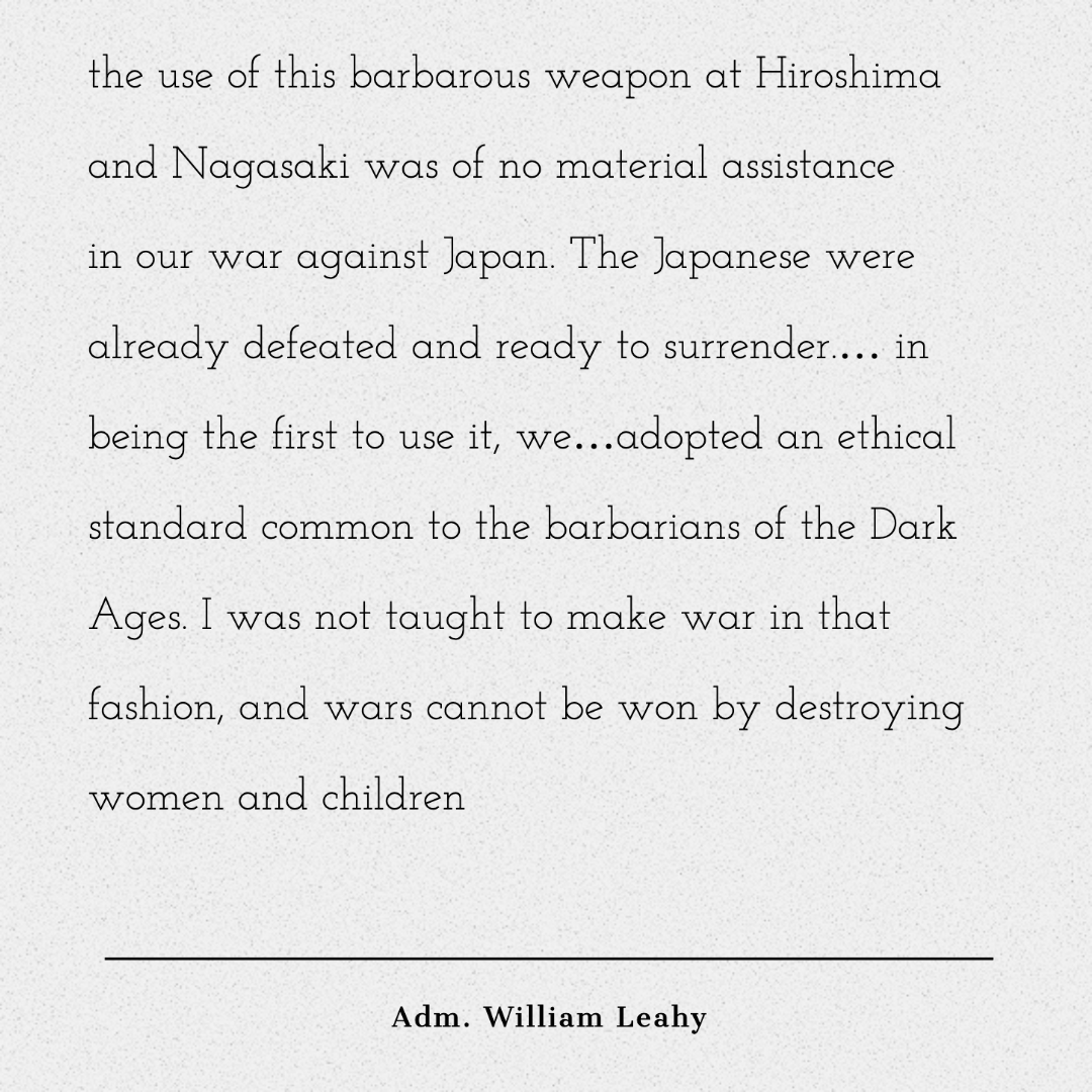 This is what Adm. William Leahy, Pres Truman's Chief of Staff, wrote in his 1950 Memoir, I Was There: https://historicly.substack.com/p/hiroshima-a-live-blog
