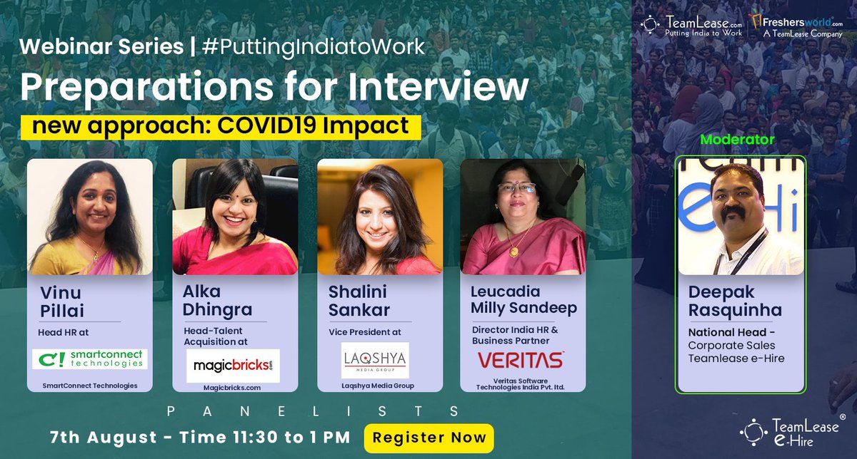 teamleasedotcom's tweet photo. #Freshers #webinar #Talk
#interviews #NewApproach
That's our point of discussion when we discuss with our #allwoman #expert #panel!
#Joinus 7 August 2020 @ 11:30 AM
#LivePanelDiscussion #PuttingIndiatoWork
#Register: https://t.co/ybzsOKFfo5
#PuttingIndiabacktoWork #RegisterNow https://t.co/h25YyZvaki