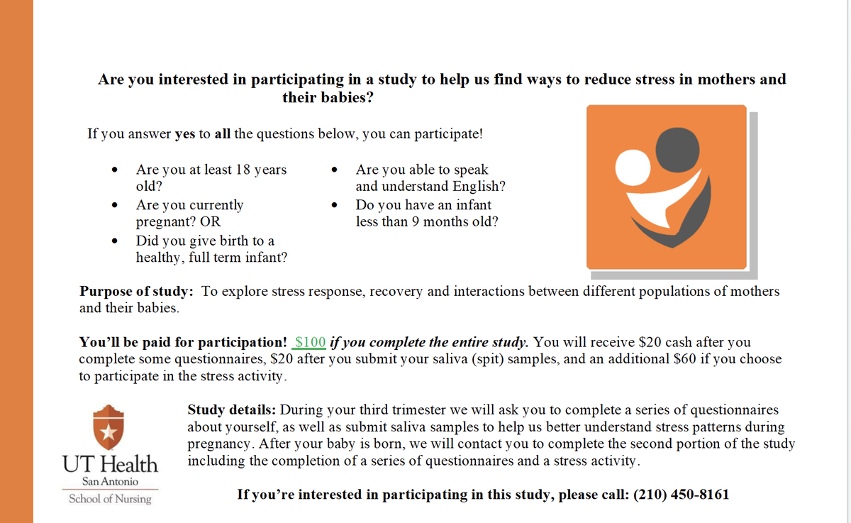 BexarTtor's tweet photo. Our friends at @SON_UTHSCSA have an opportunity to participate in their study! Not only will you help further research for moms and babies, but you'll get $100 too! Check the criteria below and call 210-450-8161 if you qualify. https://t.co/aWPT8bWkRJ