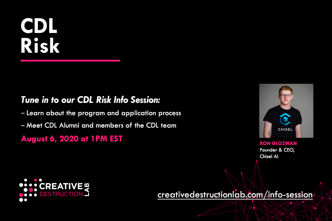 creativedlab's tweet photo. Are you developing transformational tech in risk management?

Learn how CDL can help you #BuildSomethingMassive at the #CDLRisk Info Session on Aug 6 at 1PM EST with #CDLAlumni @RonGlozman, Founder of @ChiselAI 

Register now ⬇️
https://t.co/gAyFyb8e5f https://t.co/r9QdaqCJd7