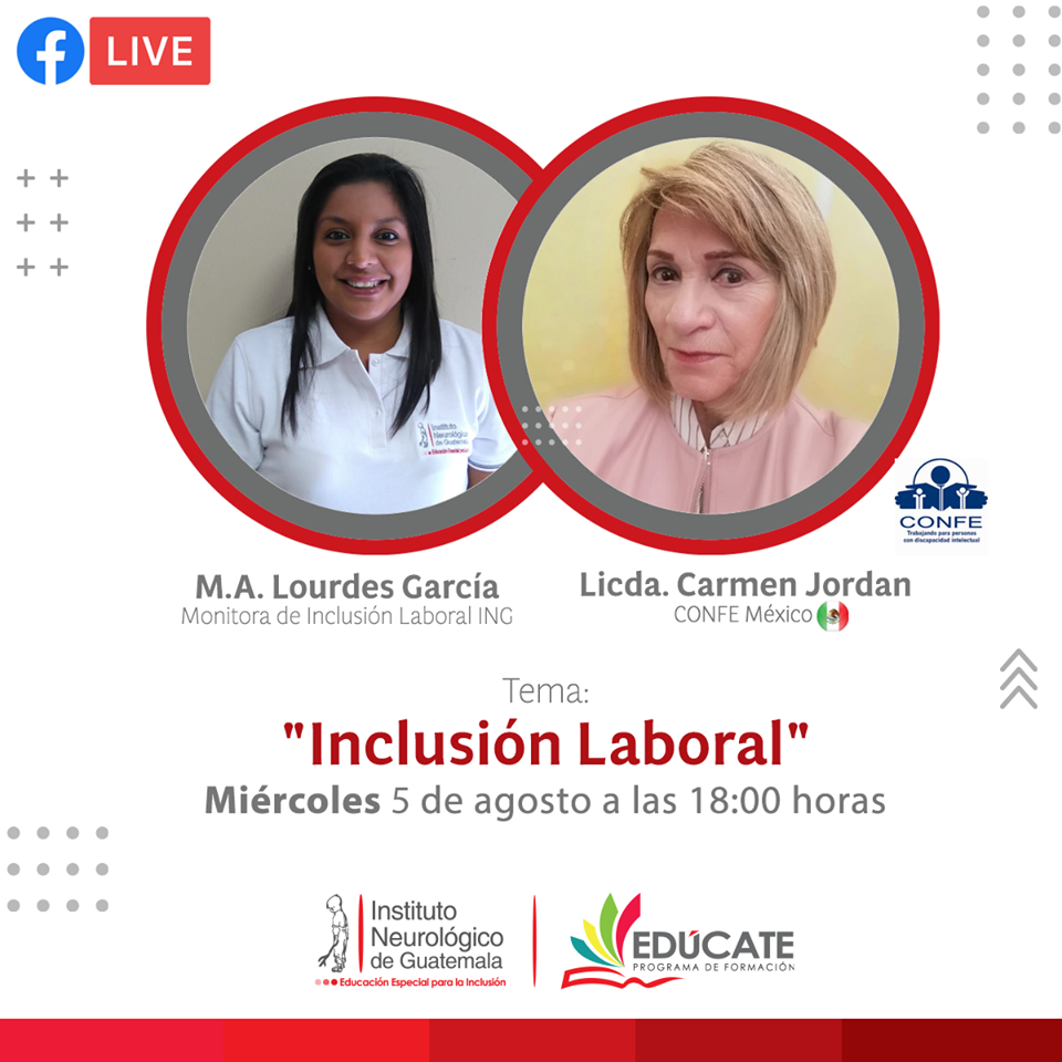 ¡Los esperamos! Hoy 5.08 a las 6 pm 🇬🇹 por #Facebook #EDÚCATELive “Inclusión Laboral” un derecho de la persona con discapacidad rumbo a su independencia y autonomía.
Nos acompaña Carmen Jordán de <a href="/CONFE_ORG/">confe_org</a> 
#ElAprendizajeNoSeDetiene #PiensaEnInclusión
📌evento gratuito