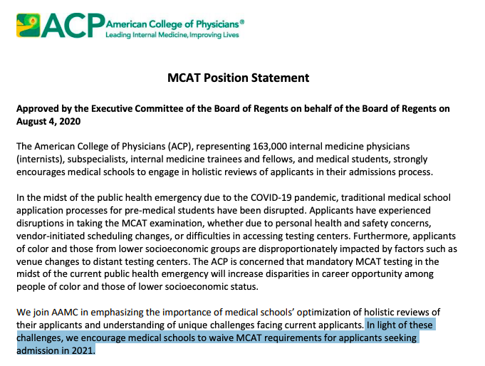 Good afternoon to @ACPinternists, who have taken a stand on behalf of medical students. Well done. #WaivetheMCAT

CC: @DavidJSkorton