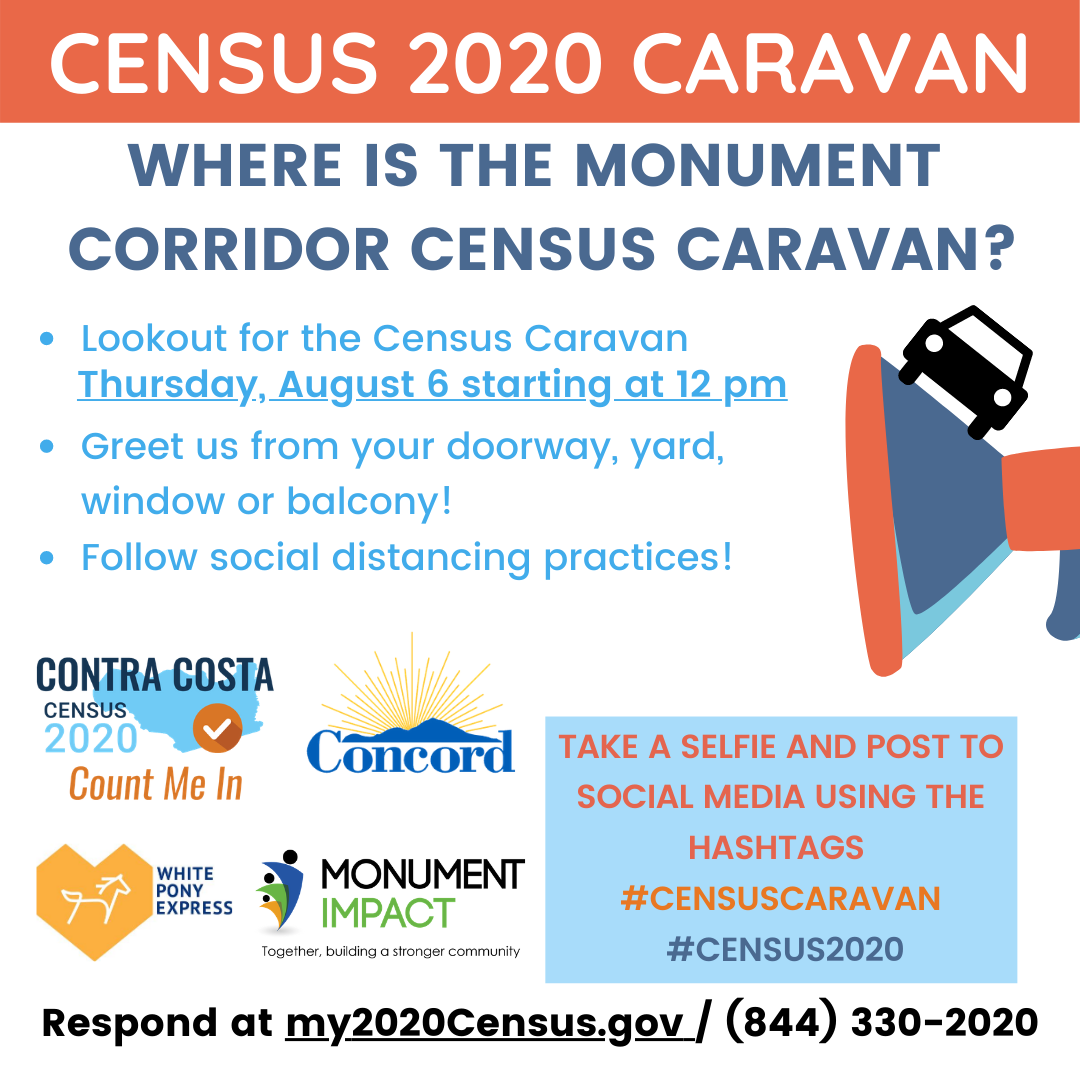 cococensus's tweet image. If you live in the Monument Corridor area of Concord look out for the Census Caravan TOMORROW at noon featuring @WhitePony, @MonumentImpact, @CA_Concord, and @CACensus!