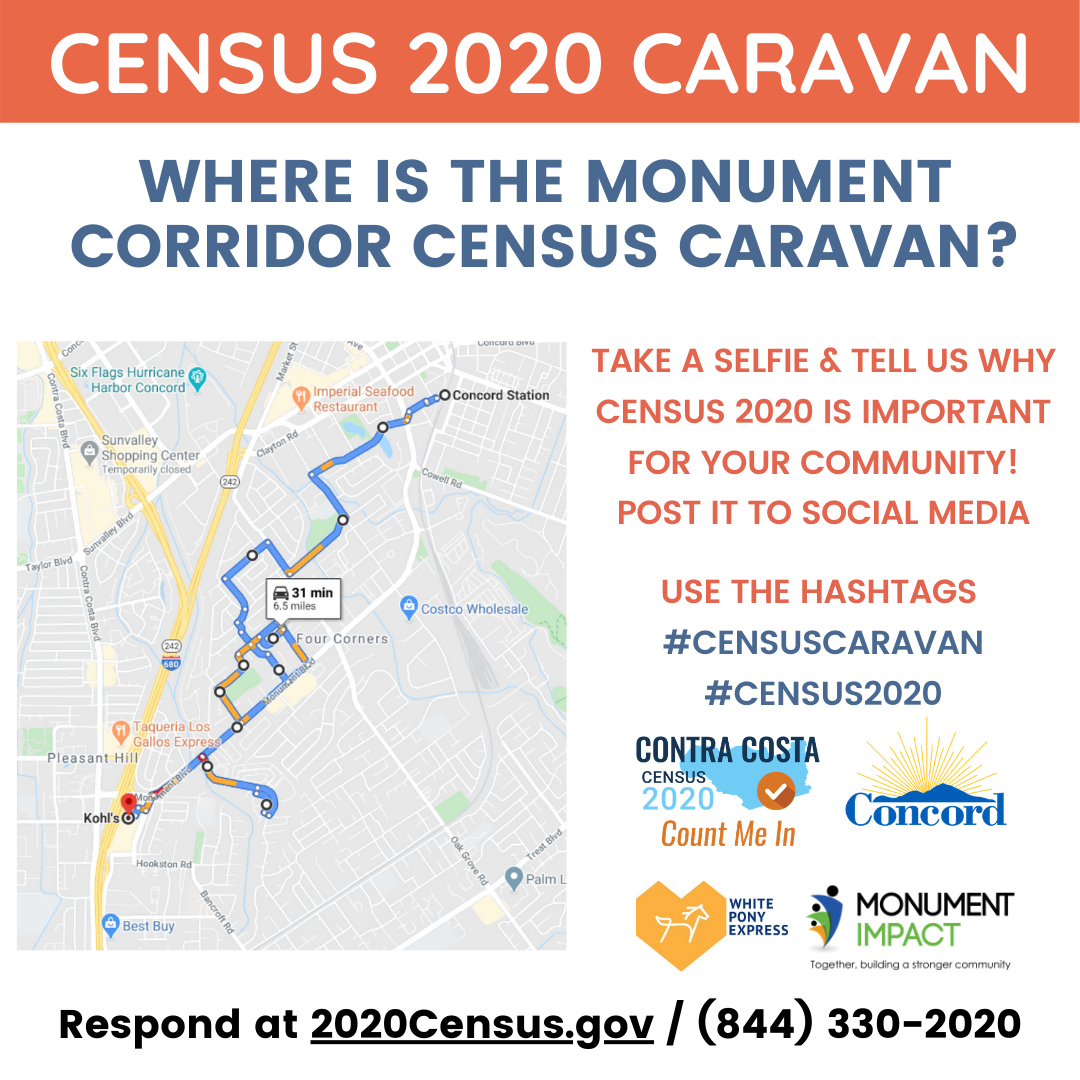 cococensus's tweet image. If you live in the Monument Corridor area of Concord look out for the Census Caravan TOMORROW at noon featuring @WhitePony, @MonumentImpact, @CA_Concord, and @CACensus!