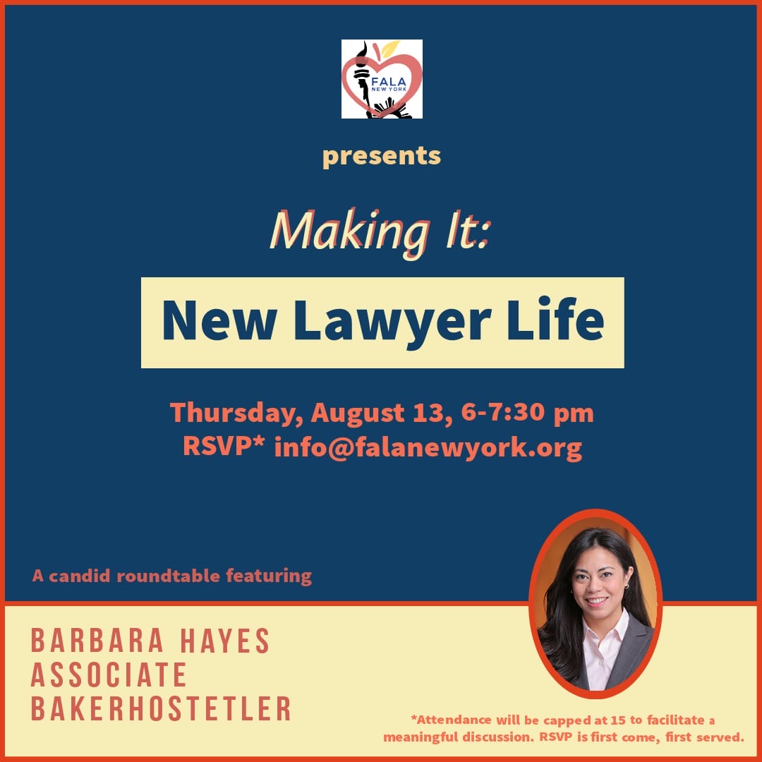 falanewyork's tweet photo. Our MAKING IT series continues on Thursday, August 13! Barbara Hayes, an Associate at BakerHostetler, will be leading a discussion regarding New Lawyer Life. This is open to all paid members, but attendance will be capped at 15. RSVPs to info@falanewyork.org! https://t.co/jc1WvdeKh3